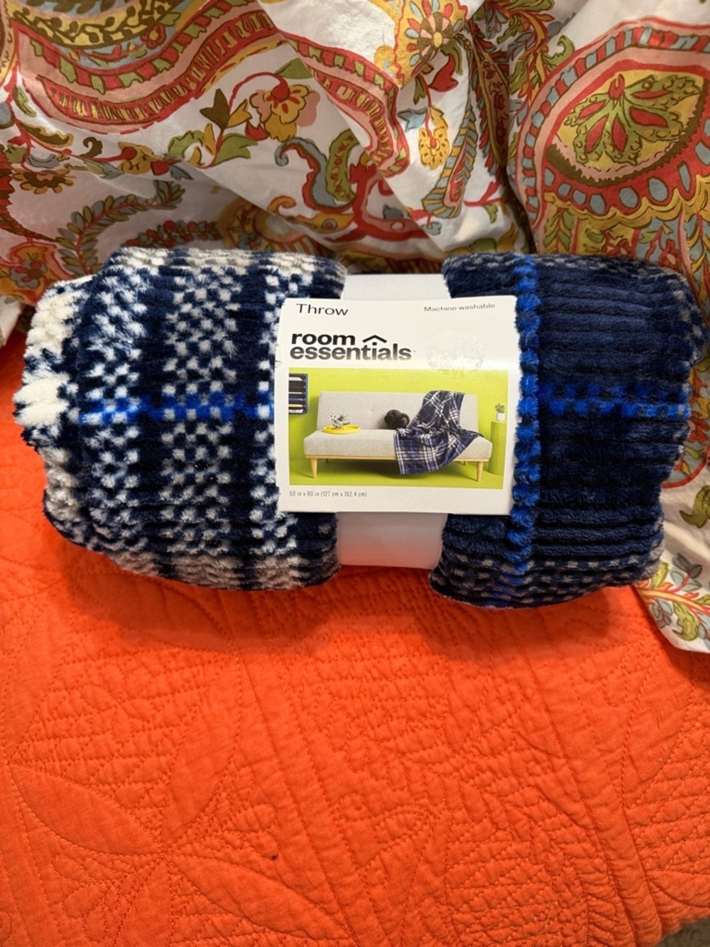 Room Essentials Navy and White Plaid Plush Throw